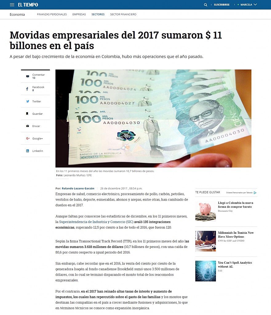 Movidas empresariales del 2017 sumaron $ 11 billones en el pas